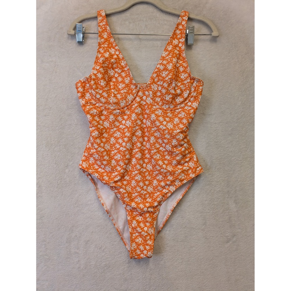 Orange Floral Underwire One Piece Swimsuit Womens Medium Ruched‎ High Cut Leg M